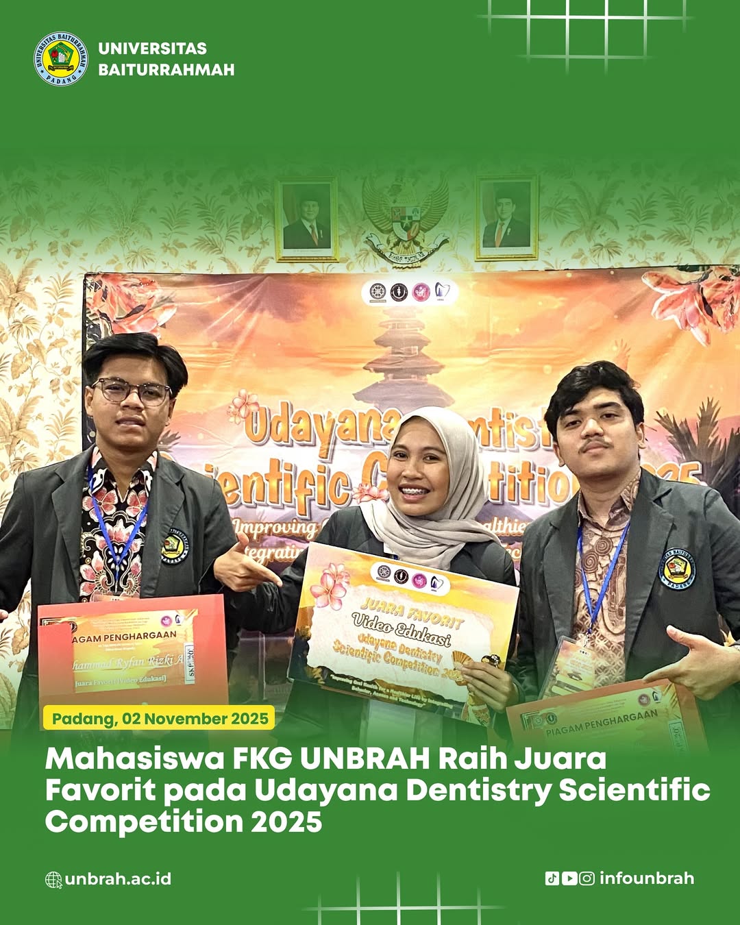 Mahasiswa FKG Unbrah Raih Juara Favorit pada Udayana Dentistry Scientific Competition 2025