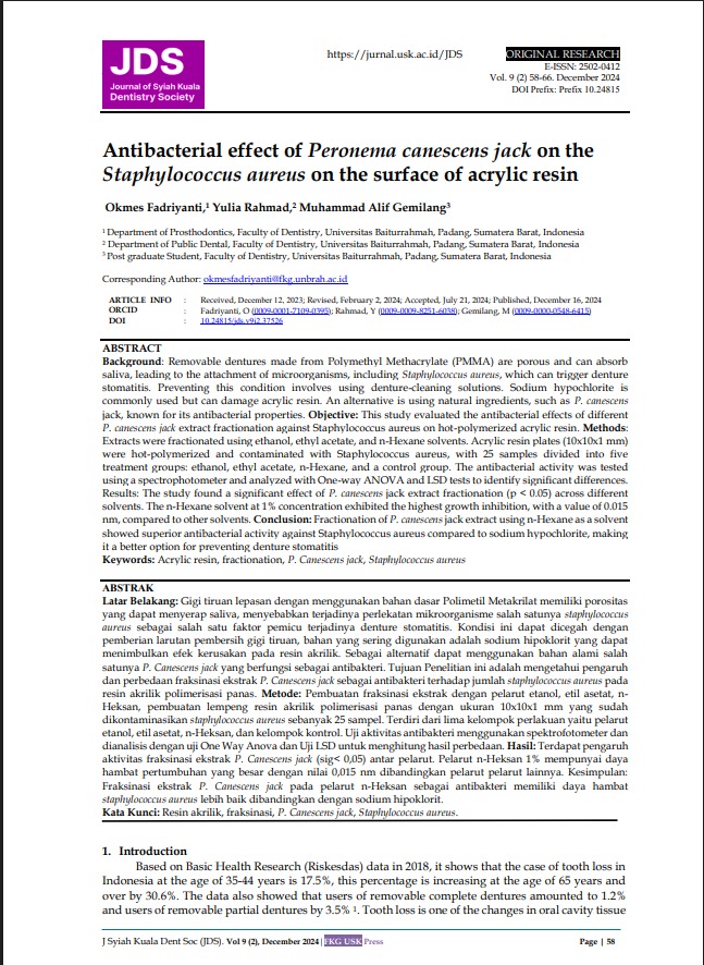 Antibacterial effect of Peronema canescens jack on the Staphylococcus aureus on the surface of acrylic resin